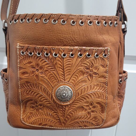 American West Harvest Moon Tooled Leather Crossbody Tote  Purse Shoulder Bag - Picture 1 of 16